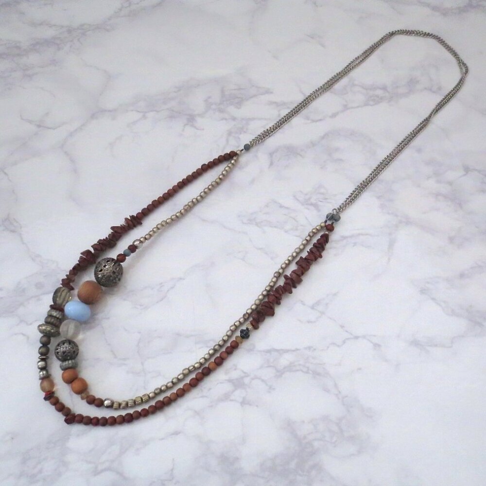 Handmade Silver Brown Blue Bohemian Necklace with TIger Eye Semi-Precious Stone